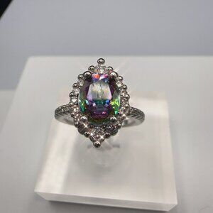 Rainbow Zircon Teardrop Halo Ring With Silvertone Band
